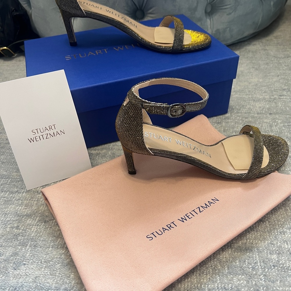 Stuart Weitzman 60 straight heel sandal in Pyrite metallic sparkle size 6B